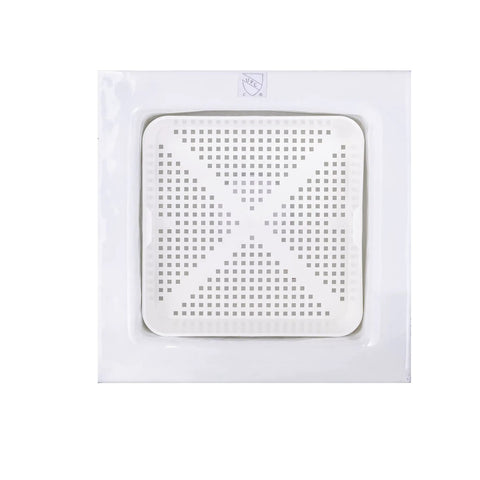 8.5 Inch Floor Sink Drain Cover And Drain Basket For Restaurants, Catches Food Scraps With 0.19 Inch Holes, Easy Install Plastic Sink Strainer Screen For Below Three-Compartment Sinks, Keeps Drains Clear, No Clogs Or Odors in a white thermoplastic material shown from above