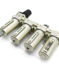 Heavy Duty Four Stage Compressed Air Dryer With Lightning Auto Drain, two filter units and a regulator, designed for pneumatic systems.