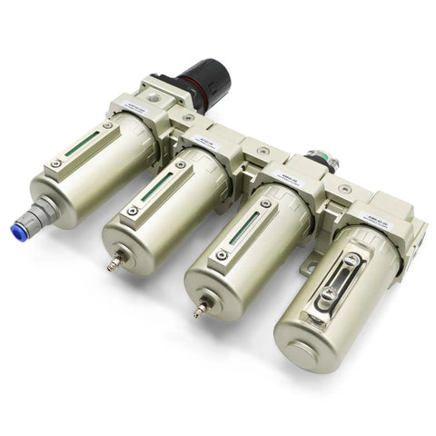 Heavy Duty Four Stage Compressed Air Dryer With Lightning Auto Drain, two filter units and a regulator, designed for pneumatic systems.