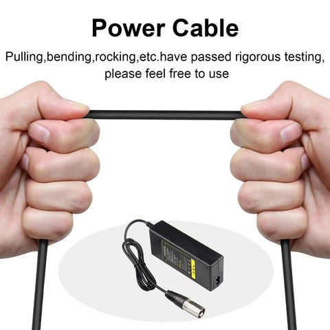 Hands holding power cable with 44V 1.5A Scooter Battery Charger For 36V Lead Acid Batteries With 3-Pin XLR Connector