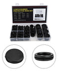 Super Cool 170 Piece Rubber Grommet Kit For Auto And Home Use With Flexible Wire Cable Protection Assortment In Black To Keep Holes Covered And Cables Safe. 170-piece black rubber grommet set in plastic case, 7 sizes, close-up views