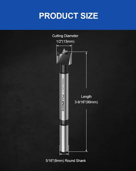 Knockout 2 Pack Of Half Inch Forstner Bits With Multi Tooth Heads dimensions with cutting diameter 1/2" and length 3-9/16"