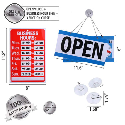 Open Sign Bundle With Business Hours Clock, Will Return Clock, Double Sided Open Closed Sign With Suction Cups, Vertical Red And White Display