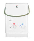 Top Shelf Portable Tankless Hot Water Heater Delivers Fast Five Liter Per Minute Hot Flow No Sweat For Tailgating Camping Rv Conversions And Outdoor Cleaning Tasks in white with gas and water controls.
