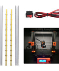 2 Pack 24V Dual Color LED Light Strips For MK4 3D Printer Enclosure, showing LED strips, power switch, and 3D printer setup