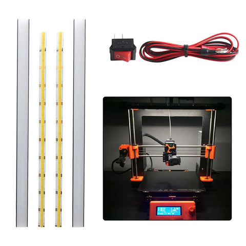 2 Pack 24V Dual Color LED Light Strips For MK4 3D Printer Enclosure, showing LED strips, power switch, and 3D printer setup