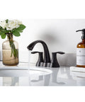 Solid Brass 4 Inch Centerset Bathroom Faucet With Two Handles And Drain Assembly Lead Free And ADA Compliant Bronze Gold Finish No Drip Water Saving Vanity Sink Tap For Modern Bathrooms