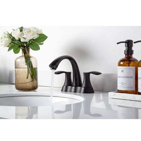 Solid Brass 4 Inch Centerset Bathroom Faucet With Two Handles And Drain Assembly Lead Free And ADA Compliant Bronze Gold Finish No Drip Water Saving Vanity Sink Tap For Modern Bathrooms