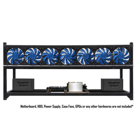 Heavy Duty 8 GPU Mining Rig Case Frame With Premium Aluminum Build showing blue case fans and frame for eight graphics cards.