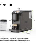 Big Time Fully Automatic Espresso Machine With Built In Conical Burr Grinder And Fast Touch Milk Frother For Crafting Dope Cafe Favorites Zero Stress Always, showing dimensions and coffee in cup.