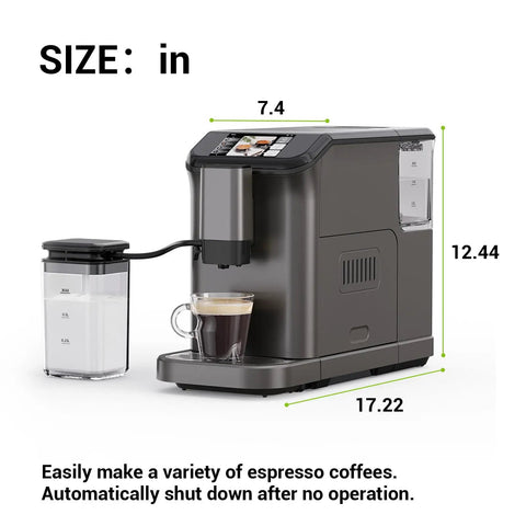 Big Time Fully Automatic Espresso Machine With Built In Conical Burr Grinder And Fast Touch Milk Frother For Crafting Dope Cafe Favorites Zero Stress Always, showing dimensions and coffee in cup.