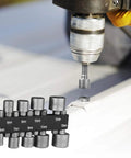 Heavy Duty Nut Driver Set Featuring Nine Piece Socket Spanner Kit One Quarter Inch Hex Shank Compatible With Electric Drills And Hand Tools Built Tough For 5 To 13 Millimeter Bits Saving Serious Time On Garage Projects Without A Sweat, showing 1/4 inch hex driver in use.