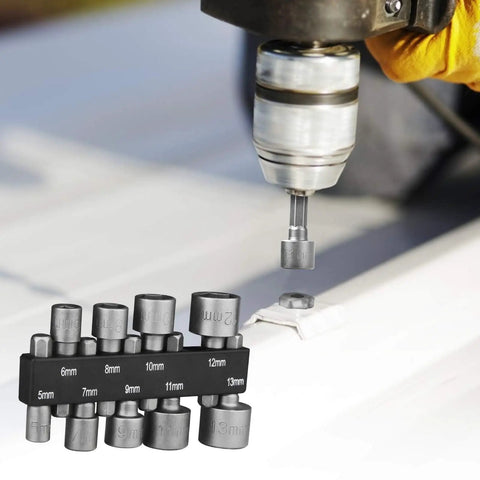 Heavy Duty Nut Driver Set Featuring Nine Piece Socket Spanner Kit One Quarter Inch Hex Shank Compatible With Electric Drills And Hand Tools Built Tough For 5 To 13 Millimeter Bits Saving Serious Time On Garage Projects Without A Sweat, showing 1/4 inch hex driver in use.