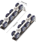 Beefy Eight Wheel Door Track Pulley System Heavy Duty Sliding Door Hardware With Zinc Alloy And Cold Rolled Steel Easy Install Rugged Hanging Wheel Kit For Home Office And Commercial Use Measures 13 X 3.5 X 2.2 Cm, showing two pulleys.