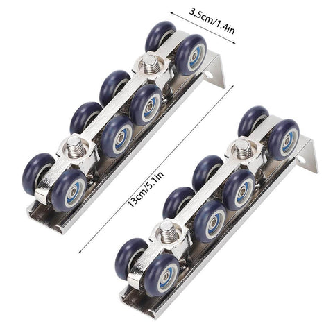 Beefy Eight Wheel Door Track Pulley System Heavy Duty Sliding Door Hardware With Zinc Alloy And Cold Rolled Steel Easy Install Rugged Hanging Wheel Kit For Home Office And Commercial Use Measures 13 X 3.5 X 2.2 Cm, showing two pulleys.