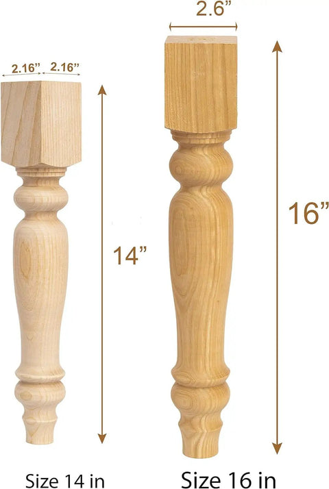 Unfinished Rubber Wood Farmhouse Table Legs Set Of 4 16 Inch Dining Table Supports with size comparison to 14 inch legs.