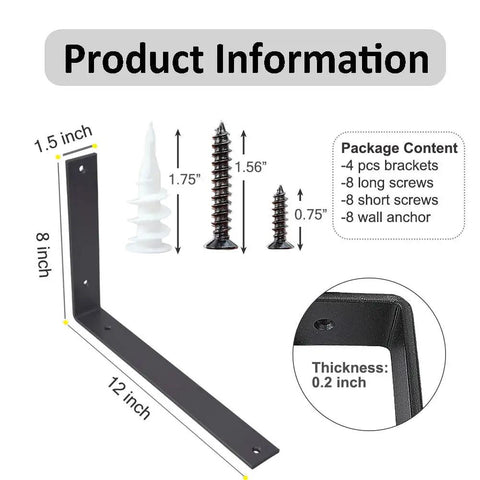 12 Inch L Shelf Brackets Set of 4 Heavy Duty Metal Black Rustic Industrial Shelving Brackets With Hardware Included diagram