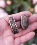 Dope Antique Copper Samurai Tsuba Fuchi Kashira Menuki Set With Dragon Phoenix Buddha Demon Floral Motif in hand