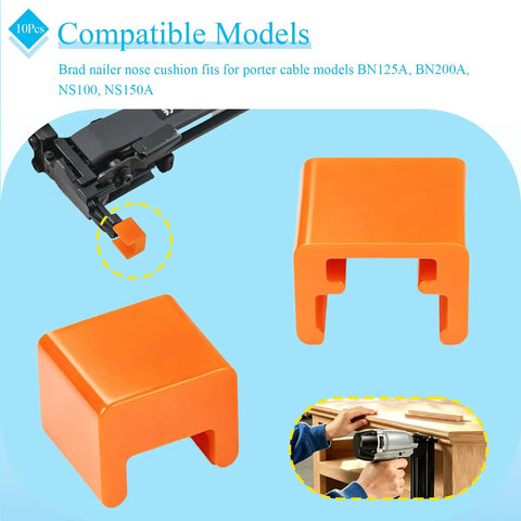 Top Shelf Replacement Brad Nailer Nose Cushions 10 Pack Orange Anti Marring Bumper Tips For Porter Cable BN125A BN200A NS100 NS150A in use with nail gun.