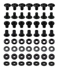 Super Slick Black Chicago Screws Fourteen Pack, Number Eight Thirty Two By One Quarter Inch Hardware For Pistol Sheaths And Kydex Builds, assorted black locking screws and washers.