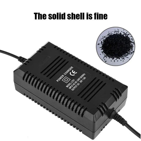 36V Battery Charger with Automatic Battery Tracking and Auto Shutoff, PWM Tech, solid black shell, close-up with cable attached
