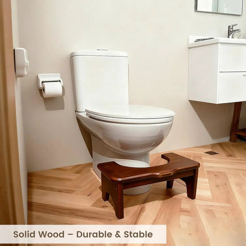 Solid oak squatting toilet stool beside toilet, supports up to 330 lbs, fits diameters up to 10.2 inches, water resistant finish