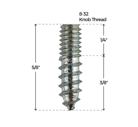 Top Shelf 8-32 X 5/8 Inch Zinc Plated Double End Screws For Cabinet Knobs And Drawer Pulls Rugged Wood Hardware close-up showing dimensions.