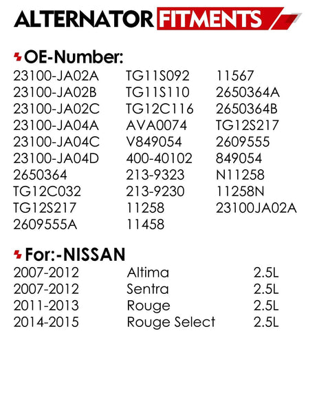 Image showing alternator fitment details for OE numbers and Nissan models including Altima, Sentra, Rogue, and Rogue Select 2.5L.