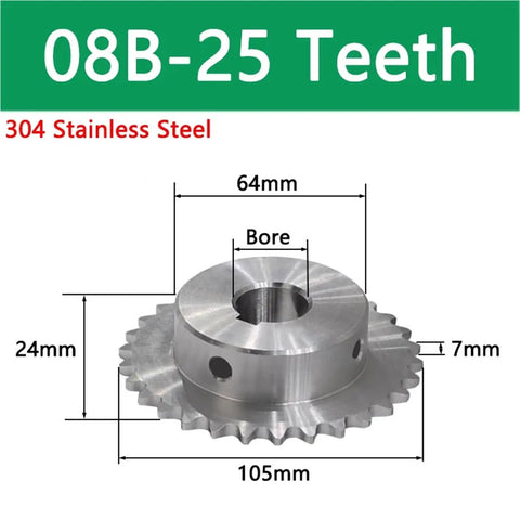 Heavy Duty Stainless Steel Sprocket For Industrial Chain Wheel Fits 20 To 28 Teeth, 25 teeth, 304 stainless steel, 105mm diameter.