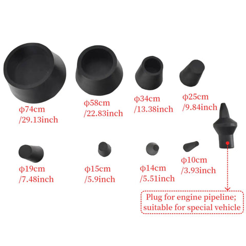 Smoke Machine Cap Plugs Kit 9 Piece Set for Leak Tests with different sized rubber plugs for automotive pipeline openings detail view
