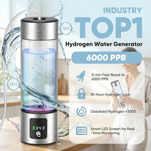 On The Go Hydrogen Water Bottle With SPE-PEM Electrolysis, Up To 6000 PPB In Minutes, 460ml Borosilicate Glass displayed