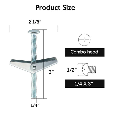 Heavy Duty One Quarter Inch Drywall Anchors and Screws Kit With 20 Toggle Bolts and Wing Nuts Hollow Wall Anchors size diagram