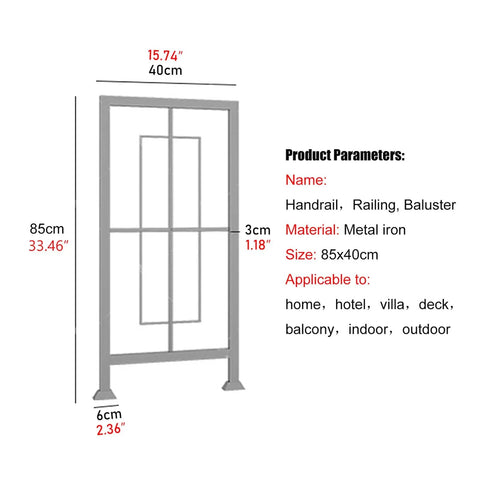 Heavy Duty Metal Stair Railing Set for Deck and Balcony White Iron Guardrail Kit showing dimensions and metal iron material.