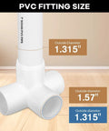 4 Way PVC Fittings 1 Inch 12 Pack Heavy Duty Furniture Grade Pipe Connectors Elbow Tee Fittings with size details.
