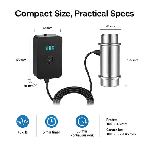 Portable Handheld Ultrasonic Cleaner, Smooth 40KHz Deep Clean For Rings Glasses And Fresh Produce, 120W Smart Digital Timer, Sturdy Stainless Steel Tank, Solid Performer Daily Driver with compact controller and probe dimensions.