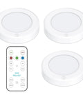 Wireless LED Puck Lights 3 Pack With Remote Control For Under Cabinet Lighting Under Counter Lighting Closet Pantry And Battery Powered Stick On Lights With Magnetic Mounting For Quick Easy Setup shown with remote