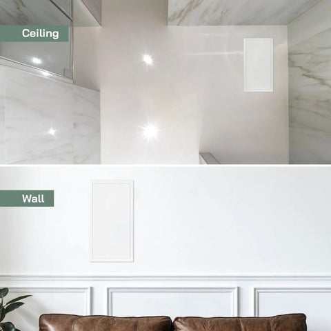 White Metal Wall Access Panel For Drywall Plumbing And Electrical Service Hatch No Sweat Install Clean Cutout Fit Plug And Play Layout shown on ceiling and wall.