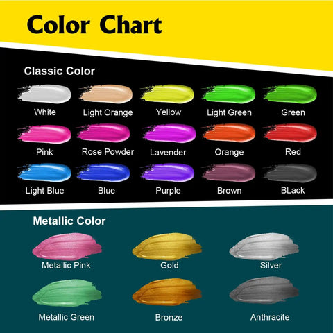 Color chart featuring classic and metallic paints in Top Notch Acrylic Paint Set With 31 Rich Colors And 10 Brushes For Canvas, Wood And Crafts