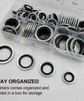 76-Piece Self-Centered Bonded Seal Oil Washers Set Featuring 1/8, 1/4, 3/8, 1/2 Inch Gasket Assortment For Drain Plugs And Hydraulic Pneumatic Repairs, NBR Rubber, Zinc Plated, Heavy-Duty DIY Shop Kit in organizer box