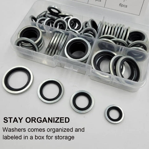76-Piece Self-Centered Bonded Seal Oil Washers Set Featuring 1/8, 1/4, 3/8, 1/2 Inch Gasket Assortment For Drain Plugs And Hydraulic Pneumatic Repairs, NBR Rubber, Zinc Plated, Heavy-Duty DIY Shop Kit in organizer box