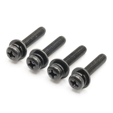 Replacement Tv Stand Screws Kit Features Four Premium Metric Black Machine Screws in close-up view, ideal for secure mounting.