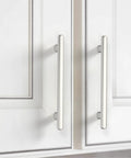 10 Pack Brushed Satin Nickel Cabinet Pulls Bar Style 5 Inch 128mm Hole Centers installed on white kitchen cabinets