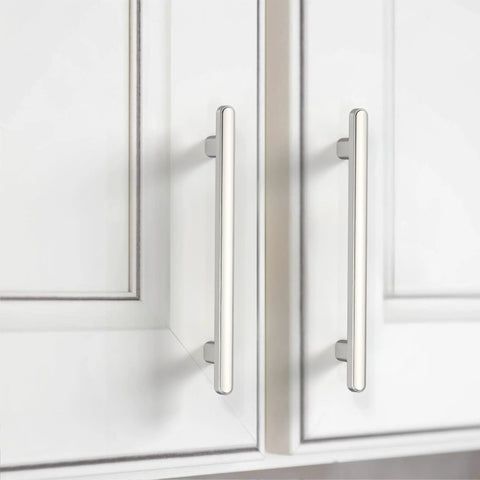 10 Pack Brushed Satin Nickel Cabinet Pulls Bar Style 5 Inch 128mm Hole Centers installed on white kitchen cabinets