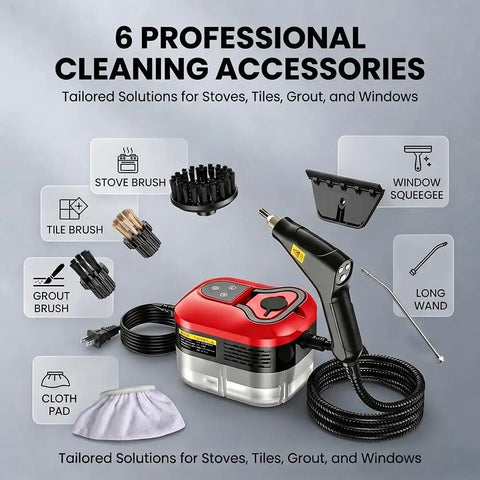 Heavy Duty Handheld Steam Cleaner With A Massive 2500W Output For Fast Heating Up To 105C with accessories for varied cleaning tasks.