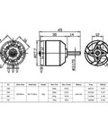Technical diagram of Beefy High Performance Brushless Outrunner Motor for RC Drones and Fixed Wing Aircraft with dimensions and specs.