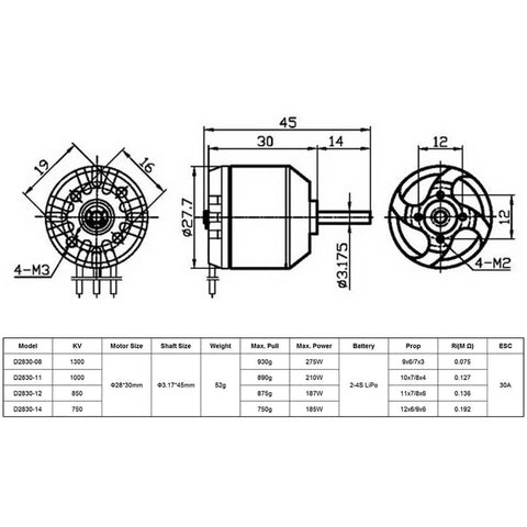 Technical diagram of Beefy High Performance Brushless Outrunner Motor for RC Drones and Fixed Wing Aircraft with dimensions and specs.