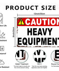 Caution Heavy Equipment Safety Sign With Funny Aluminum Wall Decor, 8x12 Inch showing waterproof and UV-resistant features.