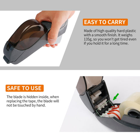 Dead Simple One Handed Automatic Tape Dispenser With Concealed Safety Cutter And Smooth Portable Grip For Quick Office Or Home Packing Tasks, held in hand, lightweight plastic design.