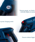 Electric Cordless Toilet Plunger For Bathroom Clog Removal, close-up of pressure gauge and power switch, blue design.