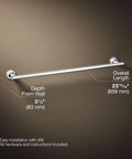 Purist 24 Inch Towel Bar Polished Chrome For A Sleek Bathroom Upgrade showing depth from wall and overall length measurements